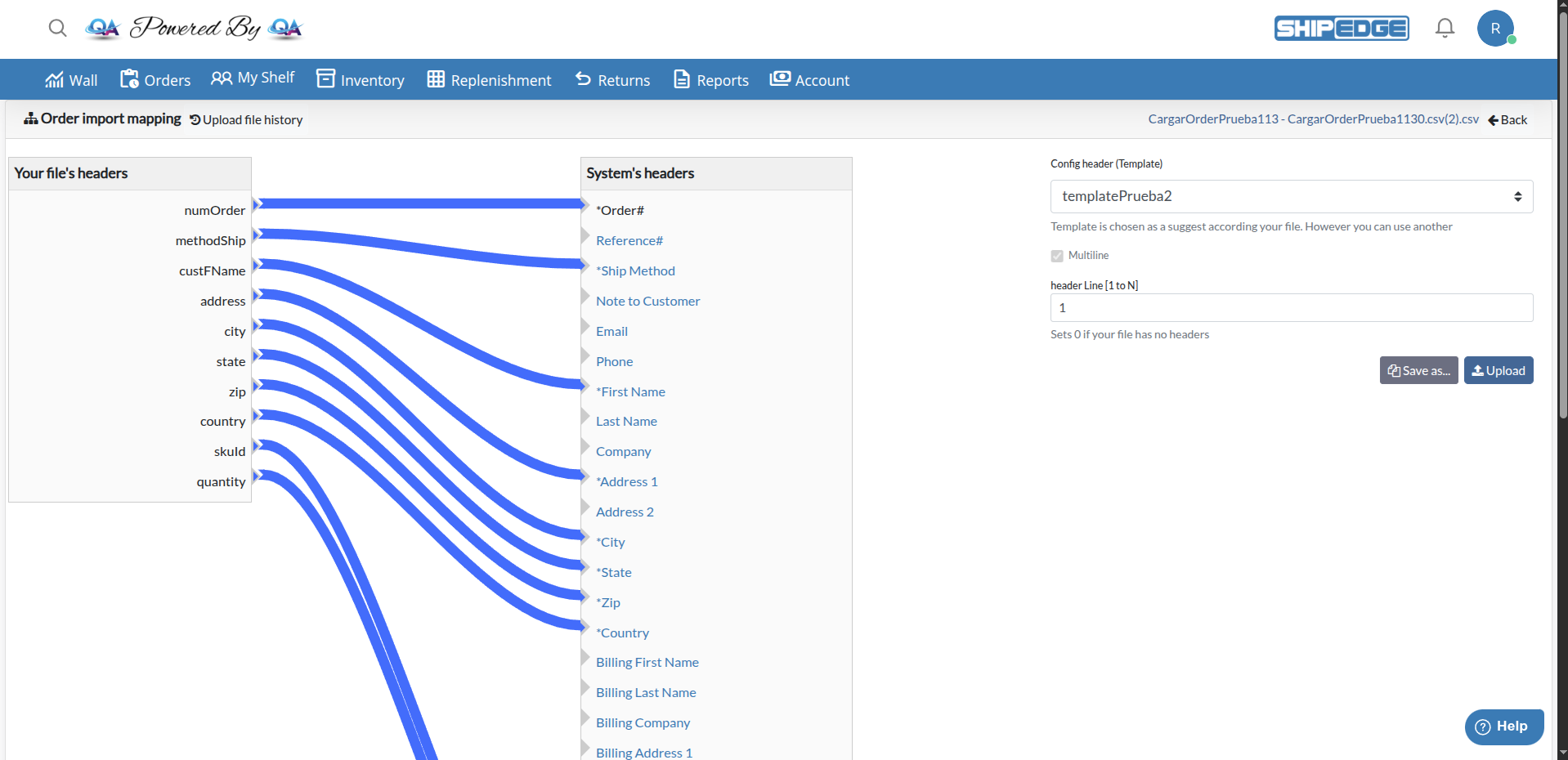 Upload Orders Configuration